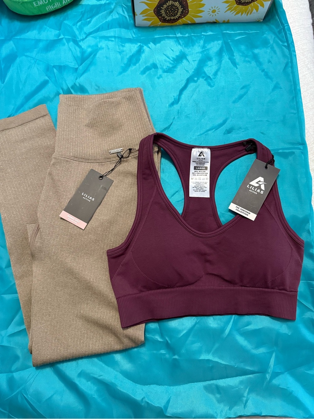 Lillas Active Plum Racerback Sports Bra with Beige Leggings